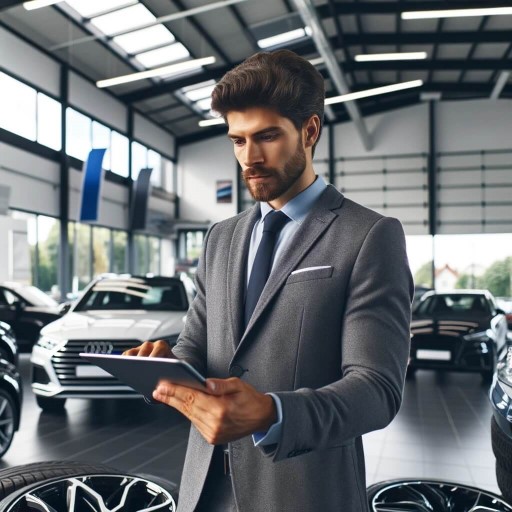B2B Online-Reifenhandel im Autohaus - die Premium Plattform Blitz24 Autohausverkäufer nutzt Tablet zur Reifenbestellung auf service24-tyre.de vor PKWs und Reifen